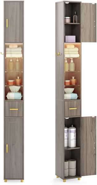 Badezimmerschrank mit Beleuchtung & Schublade & 3 Glasablagen Schmaler Badschrank Grau