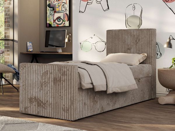 Boxspringbett 90x200 TILIO DUO inkl. Bettkasten & 7-Zonen Multipocket-Matratze, Modernes Jugendbett, Einzelbett - Hellbraun Cord - H3 - Rechts