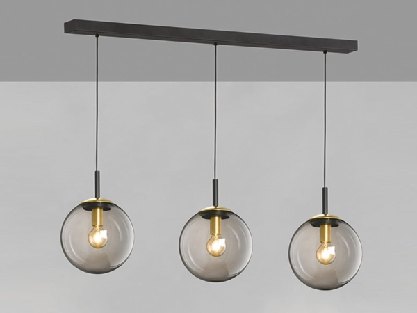 LED Pendelleuchte 3-flammig Rauchglas Schwarz mit Messing, Breite 115cm