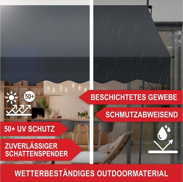Onbest Klemmmarkise mit Handkurbel, 200x120cm, Höhenverstellbar, Wetterfest, UV 50+