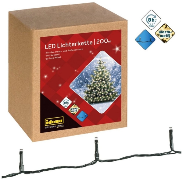 Idena LED-Lichterkette 200er, warmweiß, 29,9 m, für innen & außen, mit 8 Stunden Timer