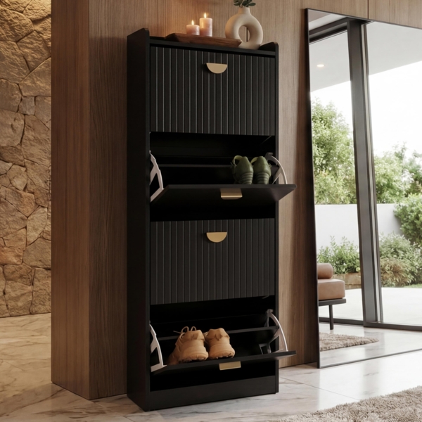 Schuhschrank HWC-O39, Schuhkipper Schuhregal 4 Klappen Klappfächer MDF Melamin Metall 148x50x24cm ~ Holzoptik schwarz