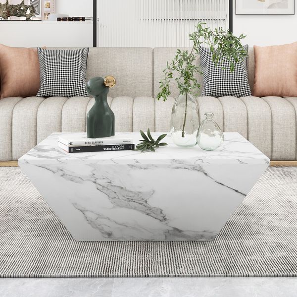 Couchtisch 70x70x37 cm, trapezförmig mit 2 Schubladen in Weiß-Marmoroptik