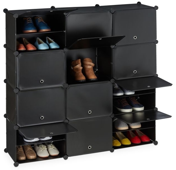 Schwarzer Schuhschrank mit 24 Fächern