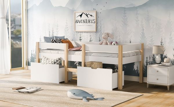 Hochbett 90x200 cm, Kiefer-Massivholz mit Rausfallschutz und Schubladen, halbhoch, weiße Lackierung,Weiß