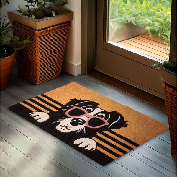 BRUBAKER Fußmatte Hund mit Sonnenbrille - 45 x 75 cm Schmutzfangmatte - Braun, Rechteckig, Höhe: 16 mm, Fußmatte für Außen und Innen aus Kokos - Wetterfest und Rutschfest