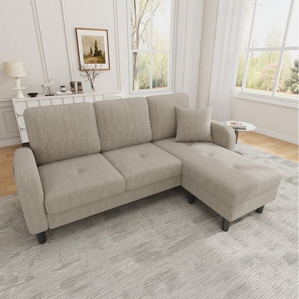 Merax Ecksofa L-förmiges Sofa mit Bettfunktion, Modulares Sofa aus Cordstoff, 1 Teile, 3-Sitzer Sofa mit Chaiselongue, Kissen & Kunststoffbeine, 166x118x77cm
