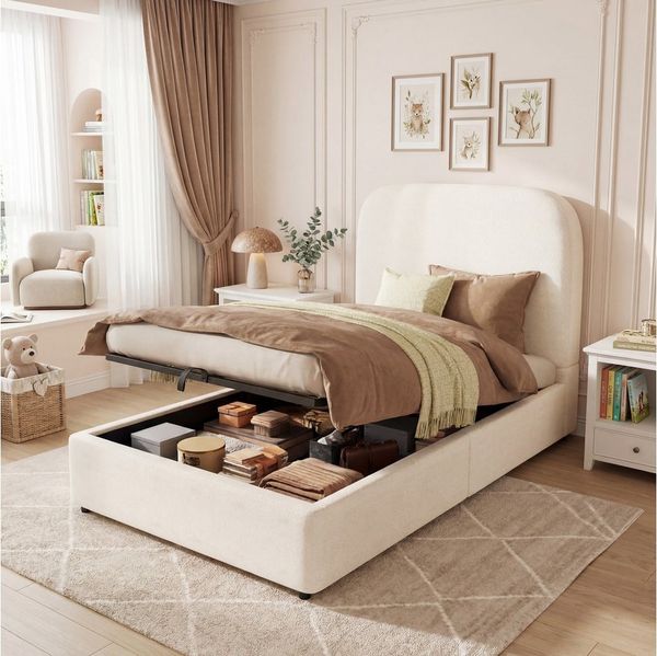 Odikalo Polsterbett Kinderbett Einzelbett 90x200 mit Bettkasten (hydraulisches Funktionsbett, Bett mit Lattenrost, Kopfteil und großem Stauraum, gepolstertes Kopfteil, Beige Boucl)