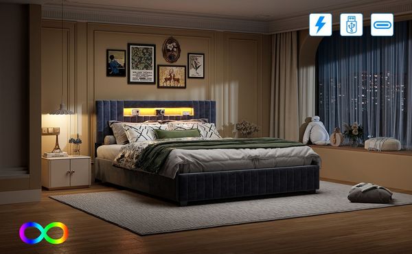 Gdood Polsterbett Stauraumbett LED Doppelbett (Hydraulisch anhebbarer Bettstauraum), Mit LED-Beleuchtung, Kopfteil mit Stauraum, Samt, 160x200 cm
