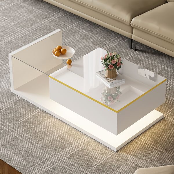 Tisch 100 x 50 x 32,5 cm in Hochglanz-Weiß mit Glasplatte und dimmbarer LED-Beleuchtung