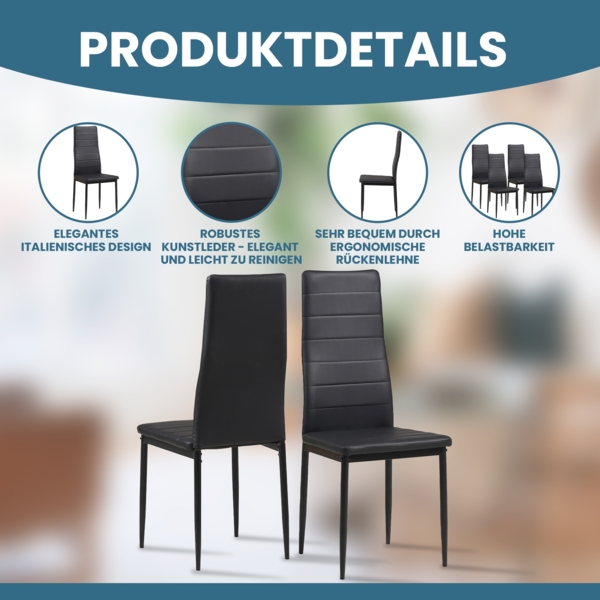 Albatros Esszimmerstühle MILANO 4er Set, Schwarz - Polsterstuhl mit Kunstleder-Bezug, Modernes Stilvolles Design am Esstisch - Küchenstuhl oder Stuhl Esszimmer mit hoher Belastbarkeit: 110kg Bild 2
