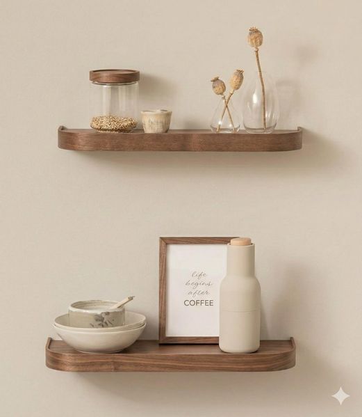 Kazai.® Wandregal-Set 'Toke' | 2 Hängeregale in Echtholz-Veneer | Schwebendes Holzregal als Wanddeko und Ablage für Bad, Wohnzimmer, Küche, Schlafzimmer und mehr | Walnuss
