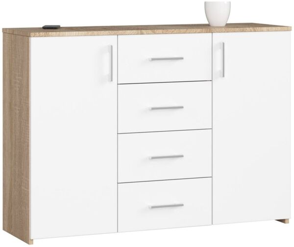 Raumhirsch Furniture Kommode mit 4 Schubladen, zwei Schranktüren, 110 cm breit Holz Schrank, Highboard / Kommode 110 cm, Sideboard Organizer für jeden Raum