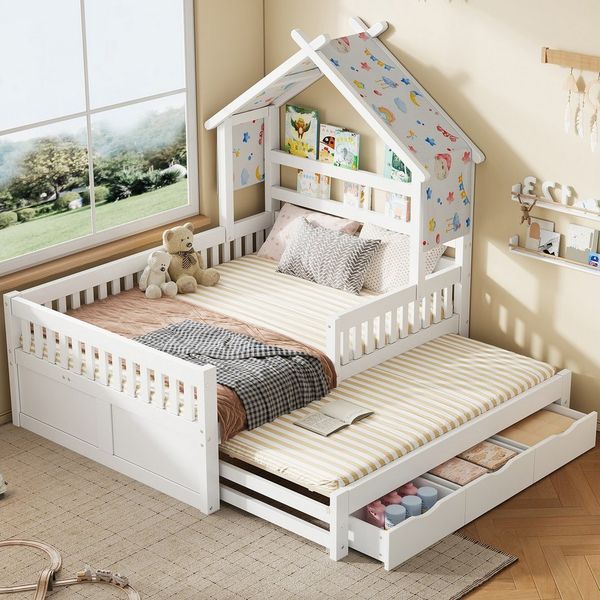 Flieks Kinderbett, Massivholz Hausbett 140x200 cm mit Ausziehbett 90x190 cm & 3 Schubladen