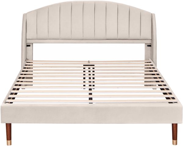 Merax Polsterbett 160x200 Ohrform Doppelbett aus Samt mit Kopfteil & Lattenrost Beige Bild 10