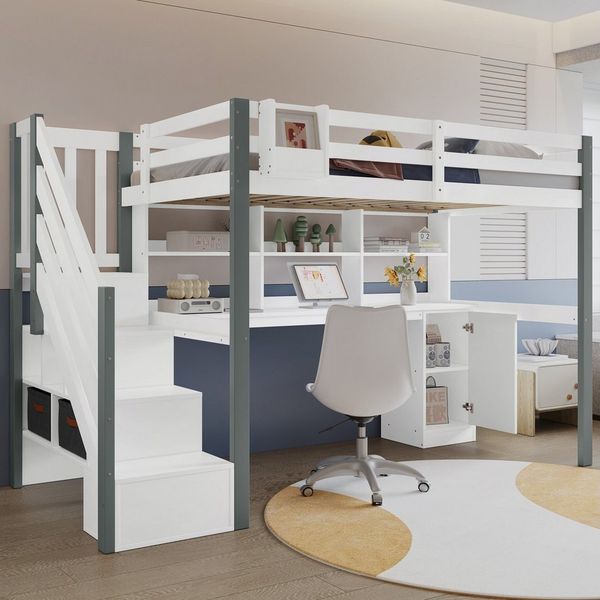 KLAM HOME Etagenbett Halbhohes Bett, Mit Stoff-Aufbewahrungsbox, Reichlich Stauraum (Jugendbett mit Schreibtisch und Schließfächern, Kiefer+MDF, 90x200cm), für Kinder- & Jugendzimmer, ohne Matratze