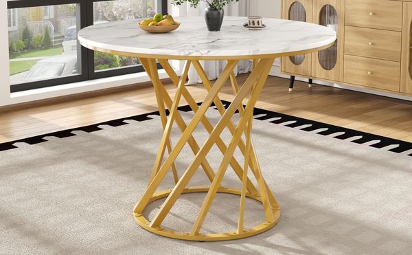 Runder Esstisch H 76 x T 80 x B 80 cm, MDF-Tischplatte in Weiß mit goldfarbenen Metallbeinen，Weiß und Golden