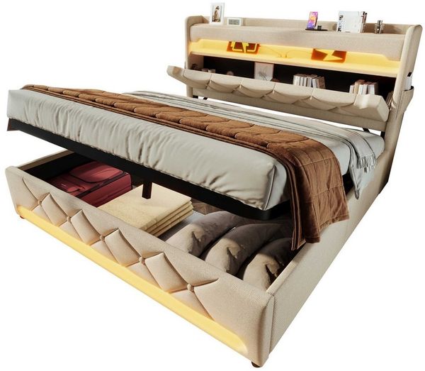 BlingBin Polsterbett Boxspringbett Stauraumbett (1-tlg, Einzelbett 140×200,360-Surround-LED-Funktion), mit USB und Typ C-Port, Hydraulisch Stauraum, Leinen Ohne Matratze