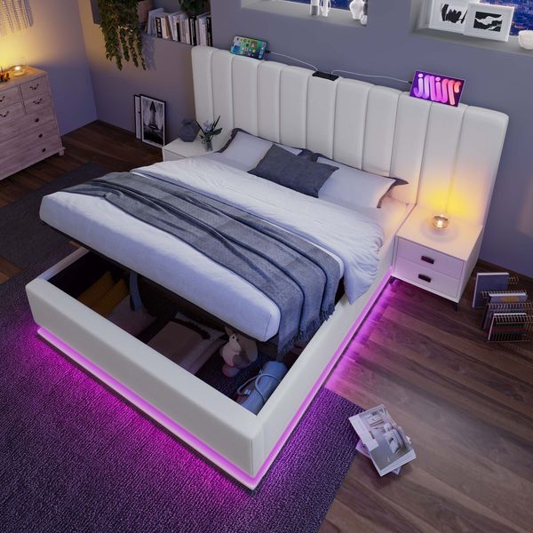 Polsterbett 180×200 cm aus Kunstleder mit LED-Beleuchtung und USB-C-Ladefunktion, weiß