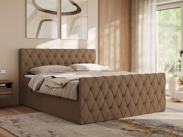 Boxspringbett mit gesteppter Front und Kopfteil, Multipocket-Matratze, zwei Bettkästen - MIREN DUO - 140 x 200 cm - Braun Kunstleder - H3