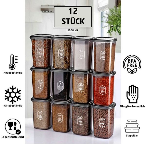 Jungengel Gewürzständer Vorratsdosen Set 12-teilig 1200ml Gewürzdosen stapelbar BPA-frei, (12 Vorratsbehälter inkl. Deckel, 12-tlg), BPA-frei, lebensmittelecht, stoßfest, stapelbar
