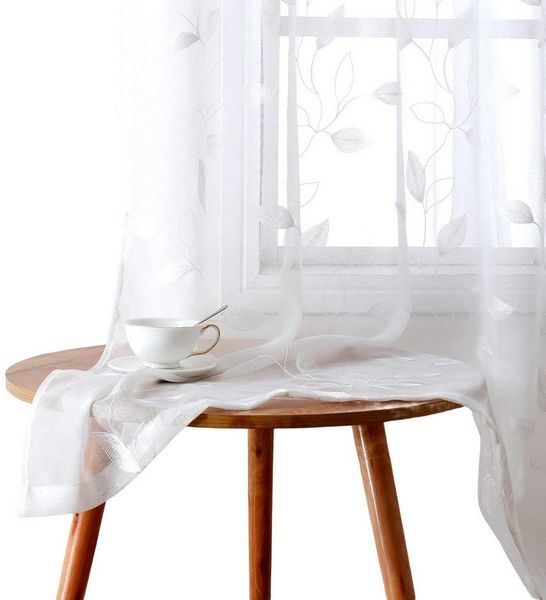 Agger Vorhang Leinen Voile Vorhänge, halbtransparente Blumenvorhänge, Blätter-Stickerei Vorhänge, geeignet für Schlafzimmer und Wohnzimmer