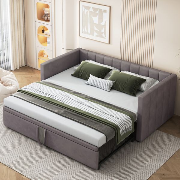 Rolanstar Ausziehbares Schlafsofa mit Lattenrosten, 90/180x200 cm, Samtstoff, Dunkelgrau