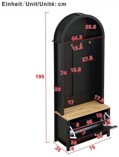 Yorbay Garderobe mit Schuhschrank & Hakenleiste, Moderner Hall Tree für den Flur (195 x 75 x 35 cm), Kompakter Garderobenschrank mit Ablage Bild 3