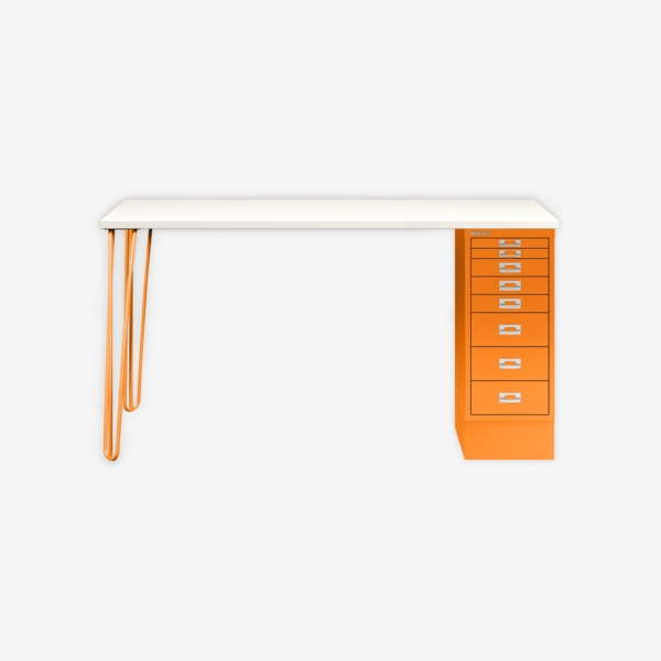 MultiDesk, 2 Eichenfüße, 1 MultiDrawer mit 8 Schüben, Dekor Weiß, Farbe Orange, Maße: H 740 x B 1400 x T 600 mm Bild 1