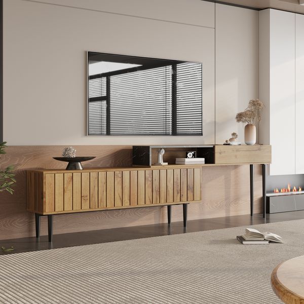 TV-Ständer aus MDF mit Marmor- und Holzoptik, Ablagefächern und Metallgestell, Naturfarben