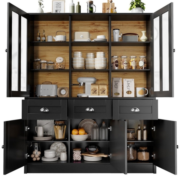 Ulife Hochschrank Vitrinenschrank, Esszimmerschrank mit Schubladen, 140x40x175cm Küchenschrank, Standvitrine für Küche Wohnzimmer Esszimme Bild 2