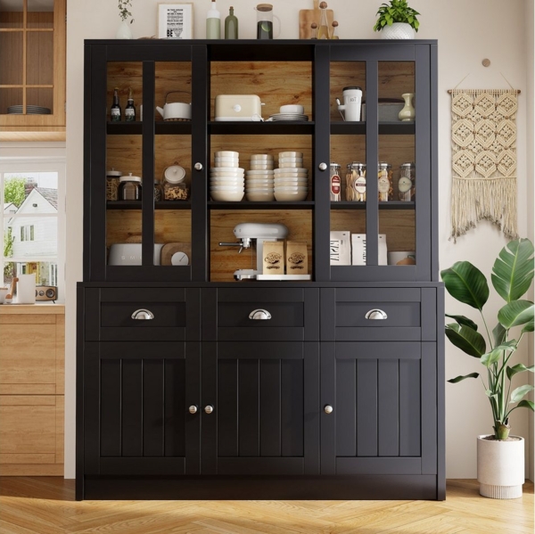 Ulife Hochschrank Vitrinenschrank, Esszimmerschrank mit Schubladen, 140x40x175cm Küchenschrank, Standvitrine für Küche Wohnzimmer Esszimme Bild 1
