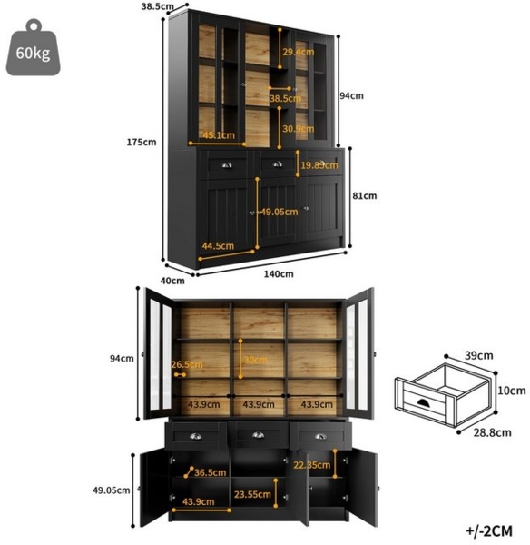 Ulife Hochschrank Vitrinenschrank, Esszimmerschrank mit Schubladen, 140x40x175cm Küchenschrank, Standvitrine für Küche Wohnzimmer Esszimme Bild 4