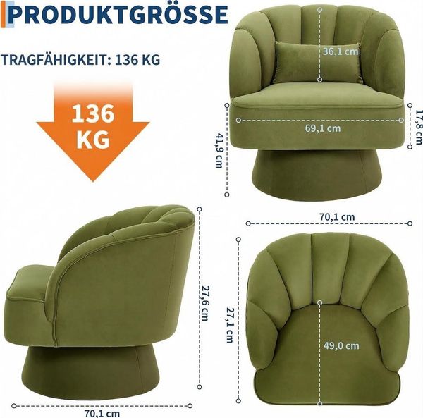 GarveeMore Sessel Sessel mit 360 Grad drehbare Kuscheltonnen-Akzentsofasessel, Samtbezug,Armlehnensessel,Polstersessel,Akzentstul