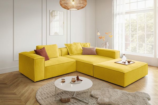 KAWOLA Sofa CARMO Ecksofa Stoff gelb mit Hocker Recamiere rechts 68 x 191 x 306 cm