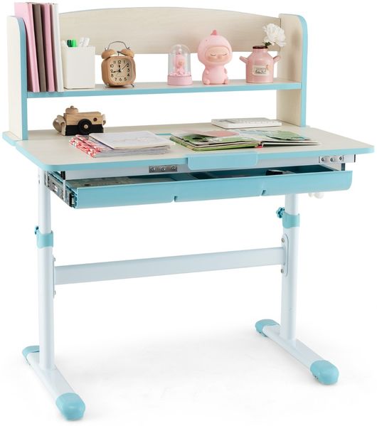 Höhenverstellbarer Schreibtisch mit Neigbarer Tischplatte &Schublade &Regal Kinder Studiertisch Blau