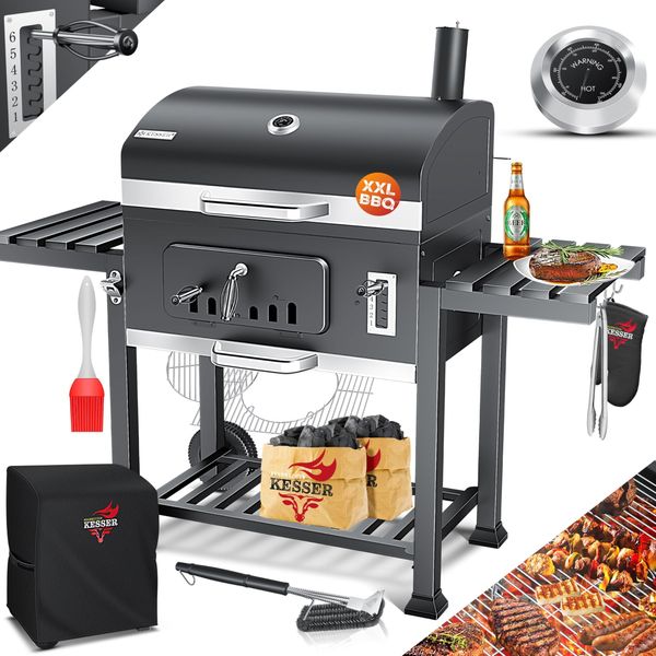 KESSER® Grill Grillwagen XXL Holzkohlegrill mit Deckel, Rädern, Edelstahl-Griff, Grillrost und Thermometer Holzkohle kohlegrill Wagen groß Kohle BBQ Barbeque Camping, Terrasse, Garten XXL, Grau + Set