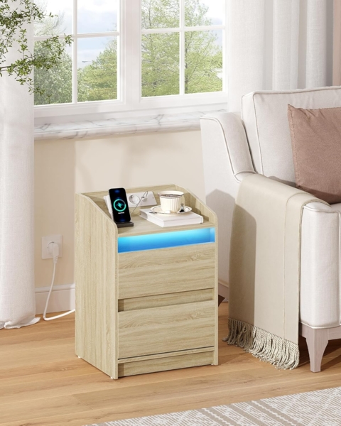 Nachttische mit LED-Lichtern, Ladestation und 2 Schubladen, Beistelltisch mit USB-Anschlüssen & Steckdosen, Stilvoll und vielseitig, für Wohnzimmer und Schlafzimmer, Eiche