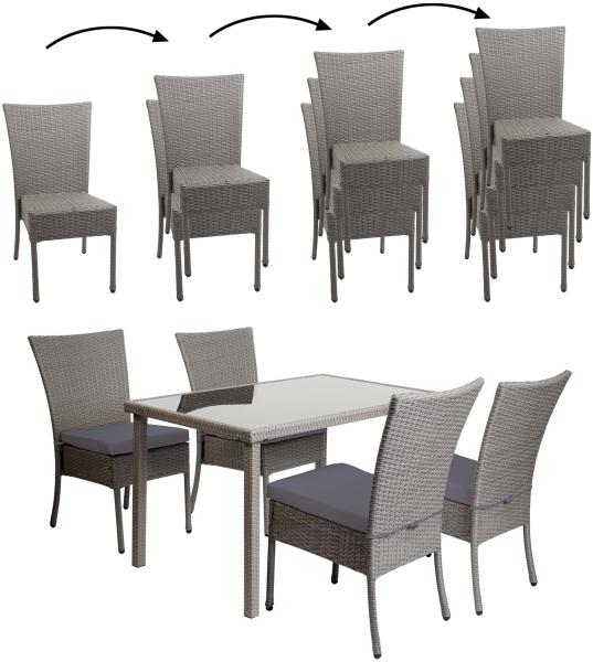 Poly-Rattan Garnitur HWC-G19, Sitzgruppe Balkon-/Lounge-Set, 4xStuhl+Tisch, 120x75cm ~ grau, Kissen dunkelgrau