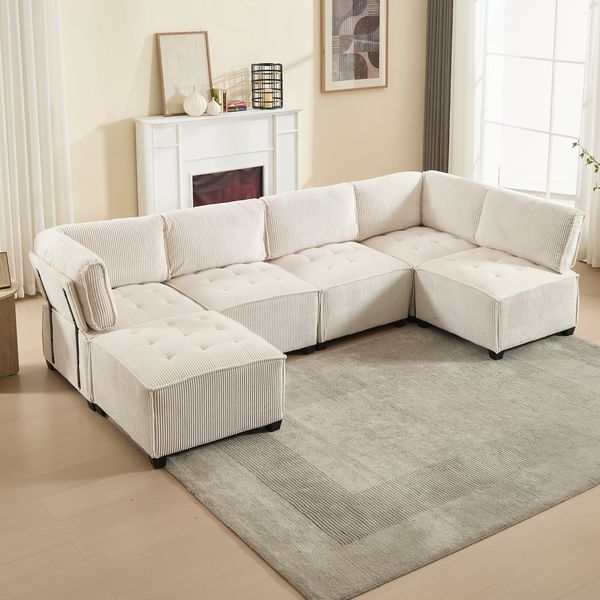 Sofa 308x154x81,99 cm in Beige, Cord, modular als U- oder L-Form, mit Schlaffunktion und Seitentaschen