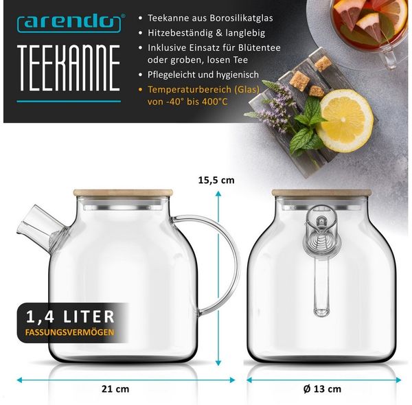 Arendo Teekanne Glas Teebereiter mit Sieb & Bambus Deckel für losen Tee, Früchtetee, 14 l, (Set, Glaskanne, Teesieb), Borosilikatglas, Tischkocher, Edelstahlsieb, hitzebeständig, Geschenk