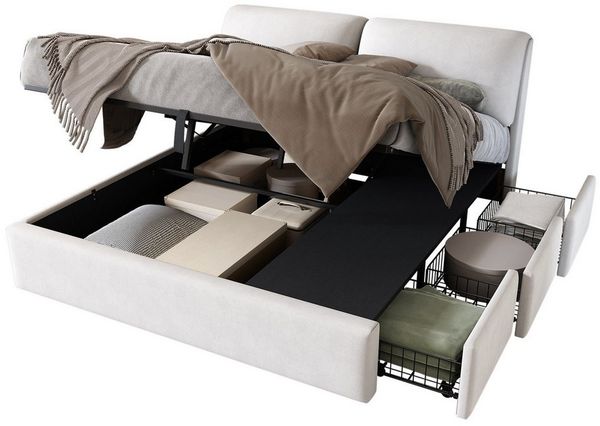 REDOM Polsterbett Hydraulisches Bett (140*200cm, ohne Matratze), mit 3 Schubladen,Bettkasten zur Aufbewahrung,Lattenrost mit Kopfteil