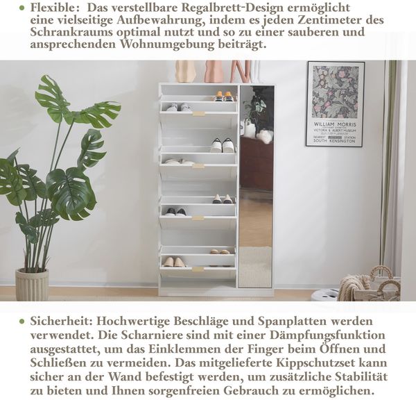 Schuhschrank romantisch-weiß mit gewölbtem Türbogen, Spiegeltüren, vier herausziehbaren Fächern, verstellbaren Regalen, flexibler Aufbewahrung Bild 8