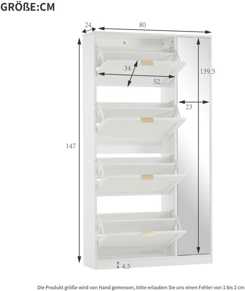 Schuhschrank romantisch-weiß mit gewölbtem Türbogen, Spiegeltüren, vier herausziehbaren Fächern, verstellbaren Regalen, flexibler Aufbewahrung Bild 9