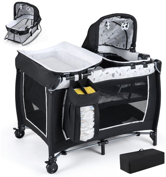 5 in 1 Baby Reisebett mit Wickeltisch & Babywiege & Matratze & 2 Spielzeugen Faltbares Babybett Beige