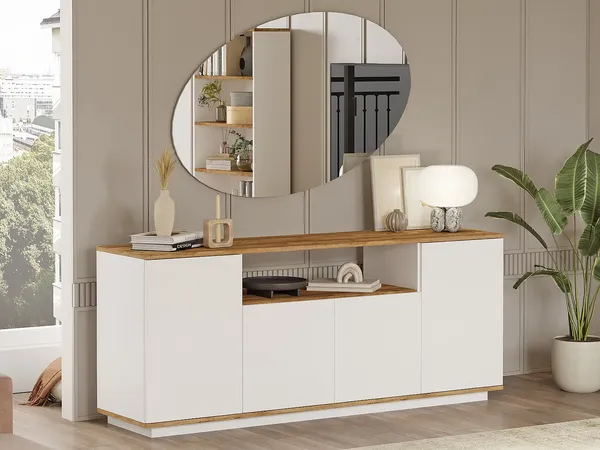 Vente-unique - LOTULA Sideboard Holz, Platte BeigeWeiß - B 44,5 cm x H 75 cm x L 180 cm