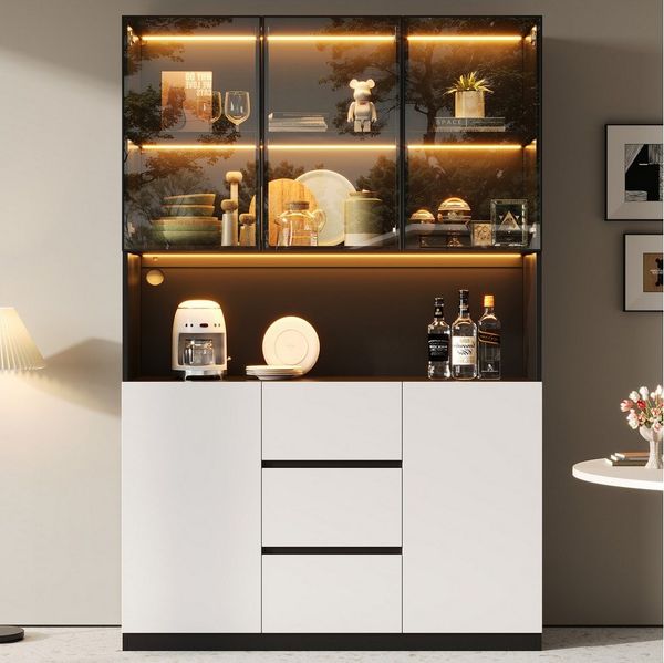 Flieks Küchenbuffet Hochschrank mit LED-Beleuchtung, Glastüren und 3 Schubladen (1-St, B120×T40×H200 cm) Glasvitrine Küchenschrank Mehrzweckschrank mit Arbeitsplatte