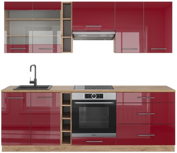 Küchenzeile Fame-Line Bordeaux Hochglanz/Goldkraft Eiche 235 cm ohne Arbeitsplatte Vicco