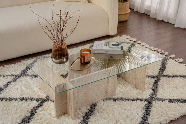 Vente-unique - Couchtisch - Sicherheitsglas - Travertin-Optik - Beige & Transparent - AZRA