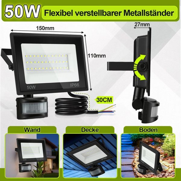 Clanmacy LED Flutlichtstrahler LED Fluter mit Bewegungsmelder 50W Außenleuchte Kaltweiß Spotlight